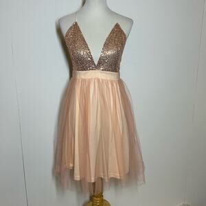 Area Sequin Pink Low Plunge Dress Sz L NWOT